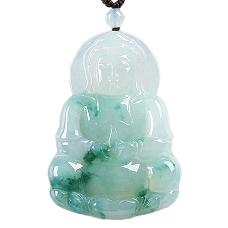 碧玉尊 淡油青冰种观音翡翠吊坠