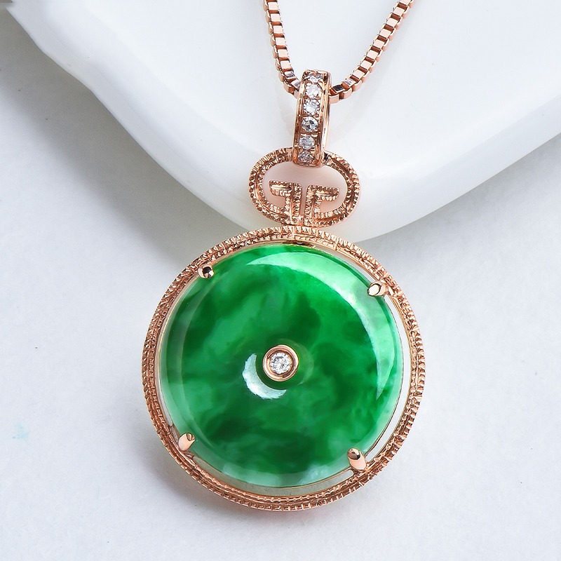 玉萌色 镶钻平安扣翡翠吊坠