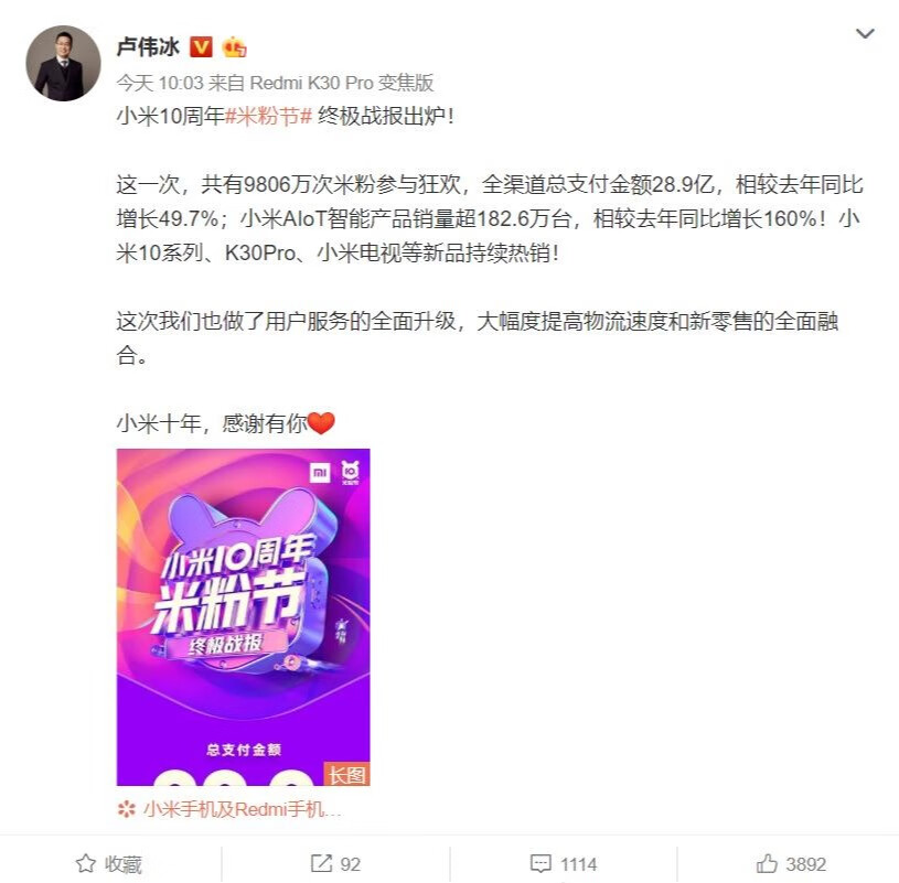 小米十周年米粉节，消费者狂买28.9亿元，雷军却表现得很平静！