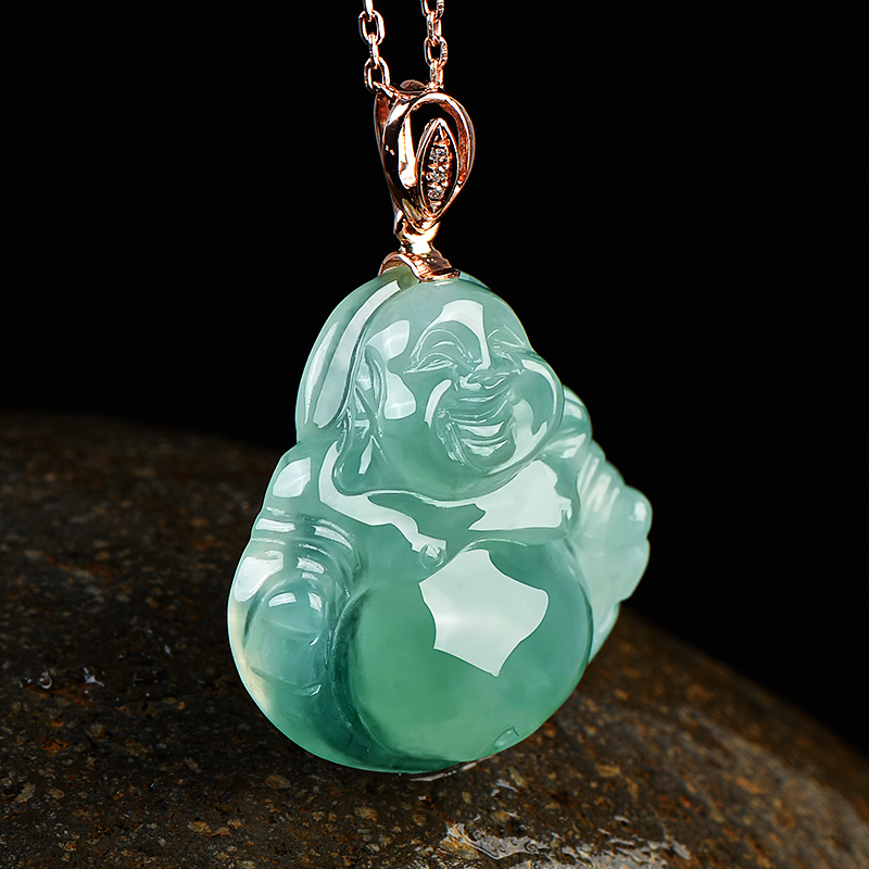碧玉尊 镶钻弥勒笑佛翡翠吊坠