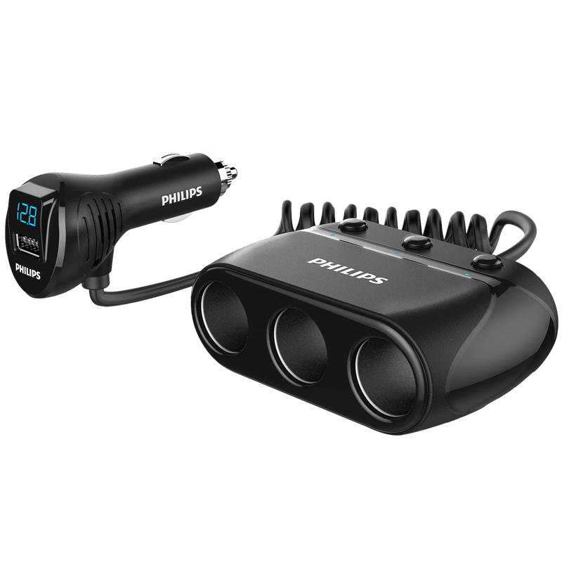 飞利浦三孔独立开关车载充电器