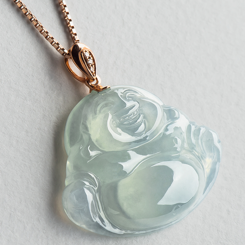 玉萌色 18K金镶翡翠玉佛吊坠