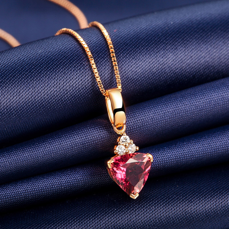 伊士蔓 玫瑰18k金 红碧玺镶钻石吊坠三角形彩色宝石 定制款【图片