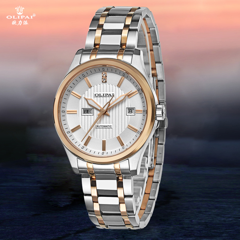 欧力派(olipai)情侣表间钨钢全自动机械星期日历显示夜光防水男士手表
