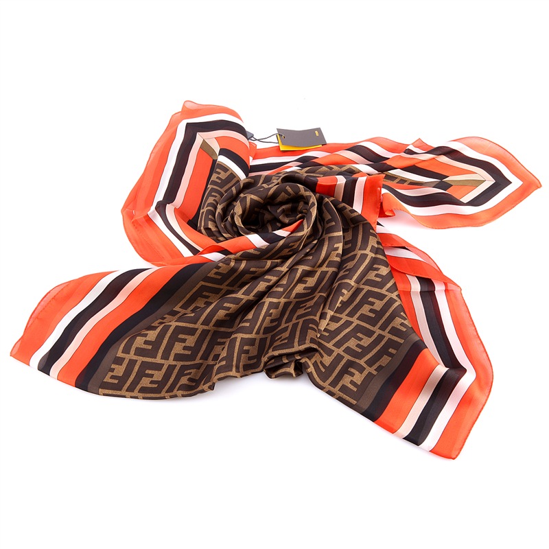 fendi 芬迪女士双f棕色配橘红色真丝围巾 fxt950 p2f wa3