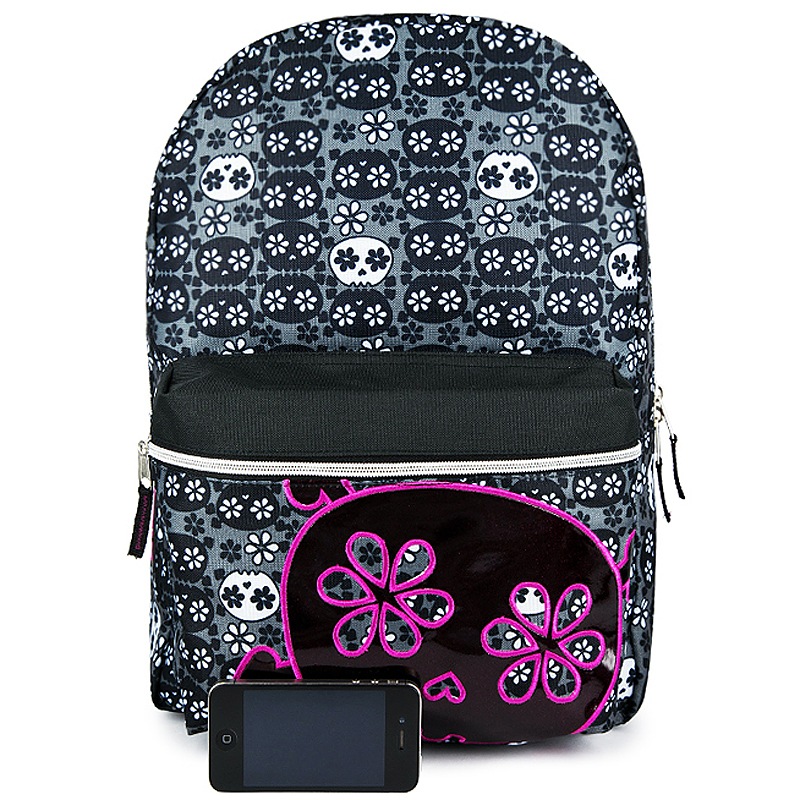 美国潮牌mojo 骷髅花朵创意双肩包黑粉