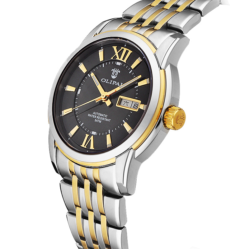 欧力派(olipai)背透全自动机械表情侣表 双日历防水手表jt7010 间金