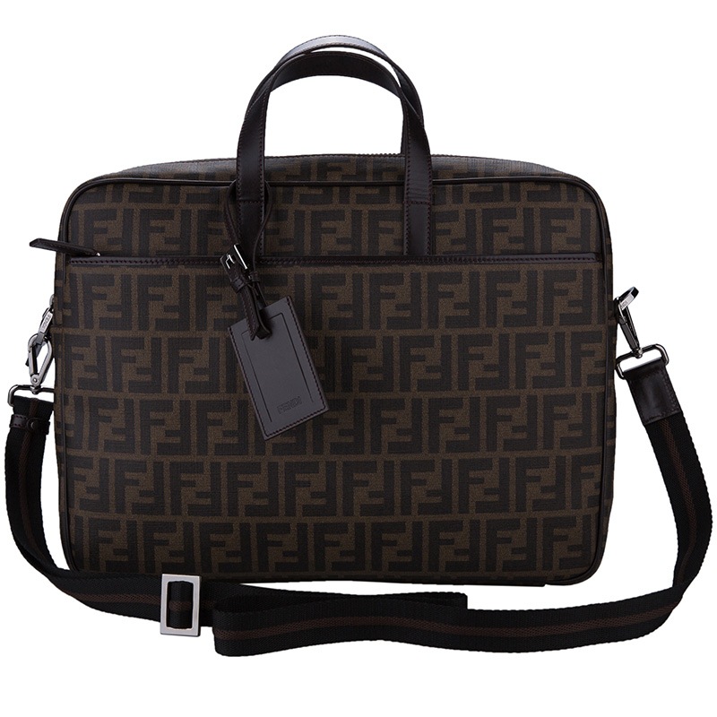 fendi 芬迪 男士卡其色双f暗纹织物配皮公文手提包肩背包 7va322 b0w