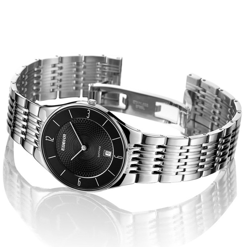 依波(ebohr)手表 天翼系列黑面钢带石英情侣表男表12490110【图片