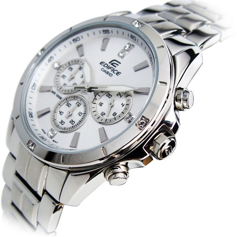 casio卡西欧尊贵华丽镶钻三眼钢带圆形指针石英表男士手表ef-544d-7a