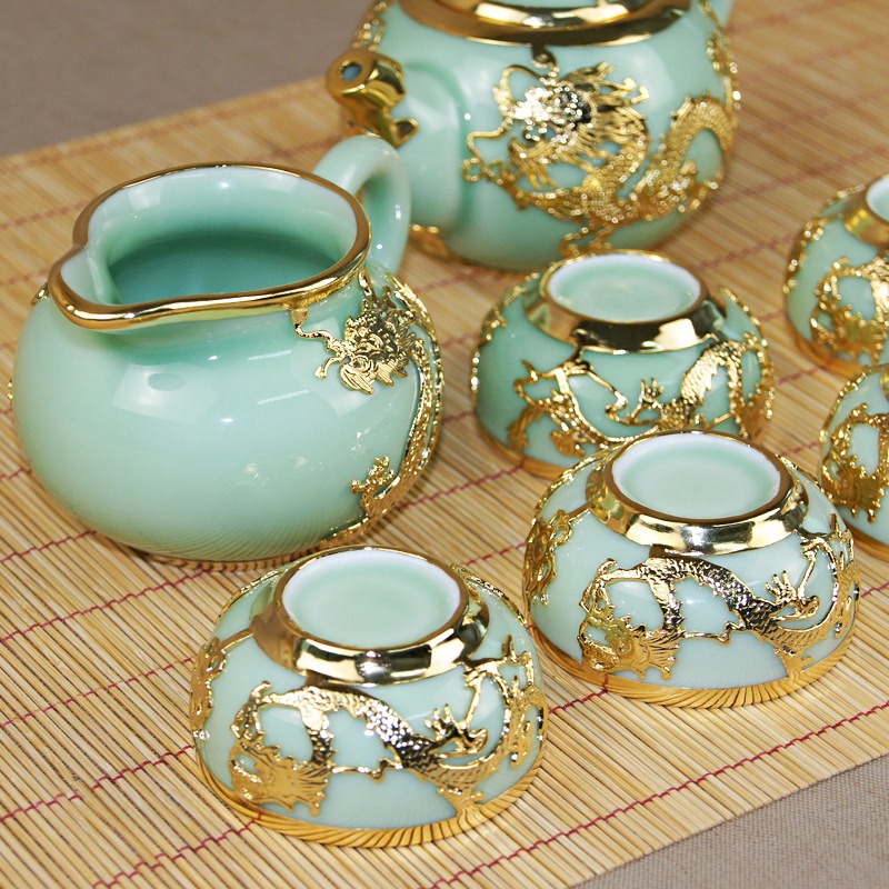 金镶玉 一壶六杯一公道杯稀世王妃青瓷镶金茶具套装 0474【图片 价格