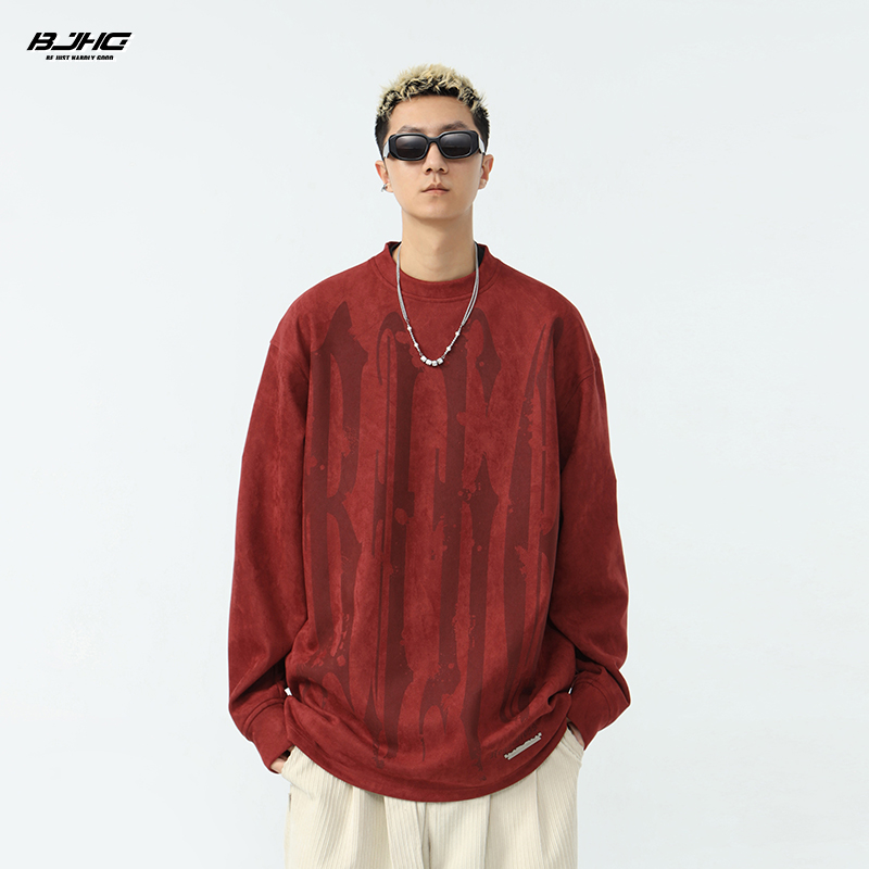 Bjhg reckless spring heavyweight suede sweater men's new fashion brand printed oversize top