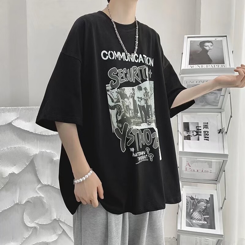 Nanpei short sleeved t-shirt men's trend summer casual loose five sleeve T-shirt youth letter printed round neck cotton half sleeved bottomed shirt