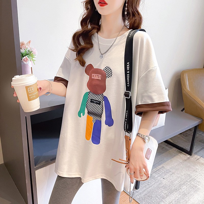 Qinmo short sleeved T-shirt women's 2022 summer new large women's loose Korean student cartoon medium long pure cotton T-shirt half sleeved clothes women