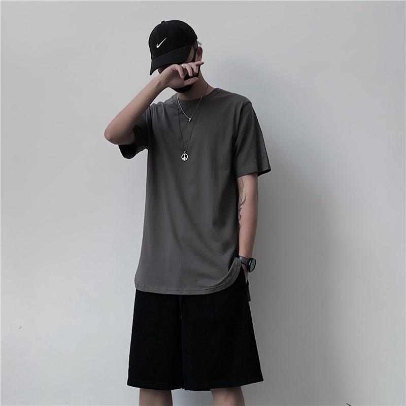 [heavyweight T-shirt] national fashion men's clothes in summer men's clothes in Europe and America Kan Ye Bi Bo high street hip hop loose layered bottoming shirt with short front and long arc short sleeve men's and women's half sleeve T-shi