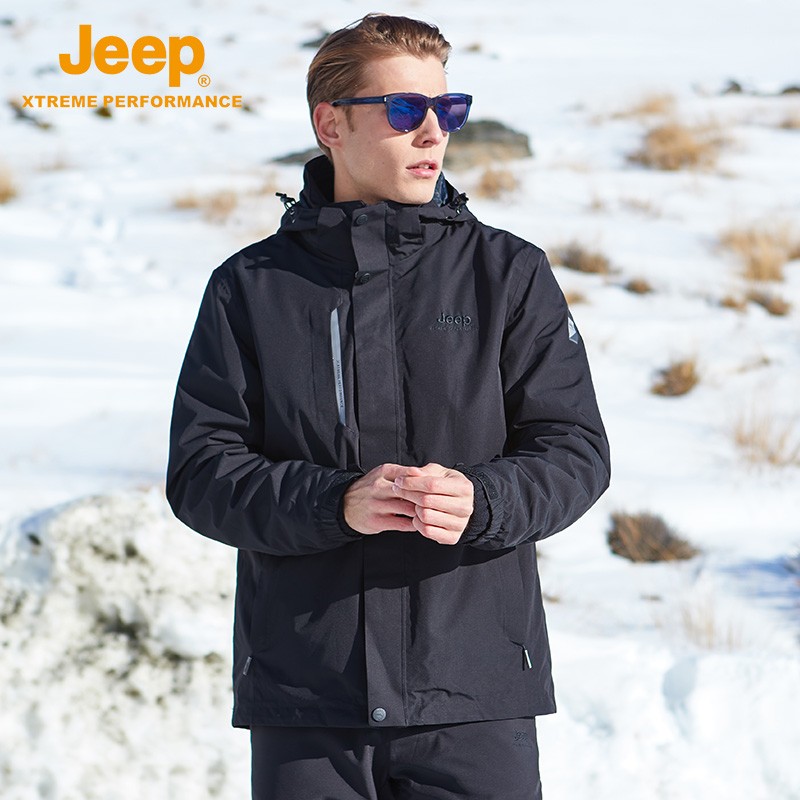 Jeep men's three in one detachable fleece liner outdoor mountaineering suit winter thickened warm jacket windproof jacket waterproof jacket travel men's ski suit trendy men's wear