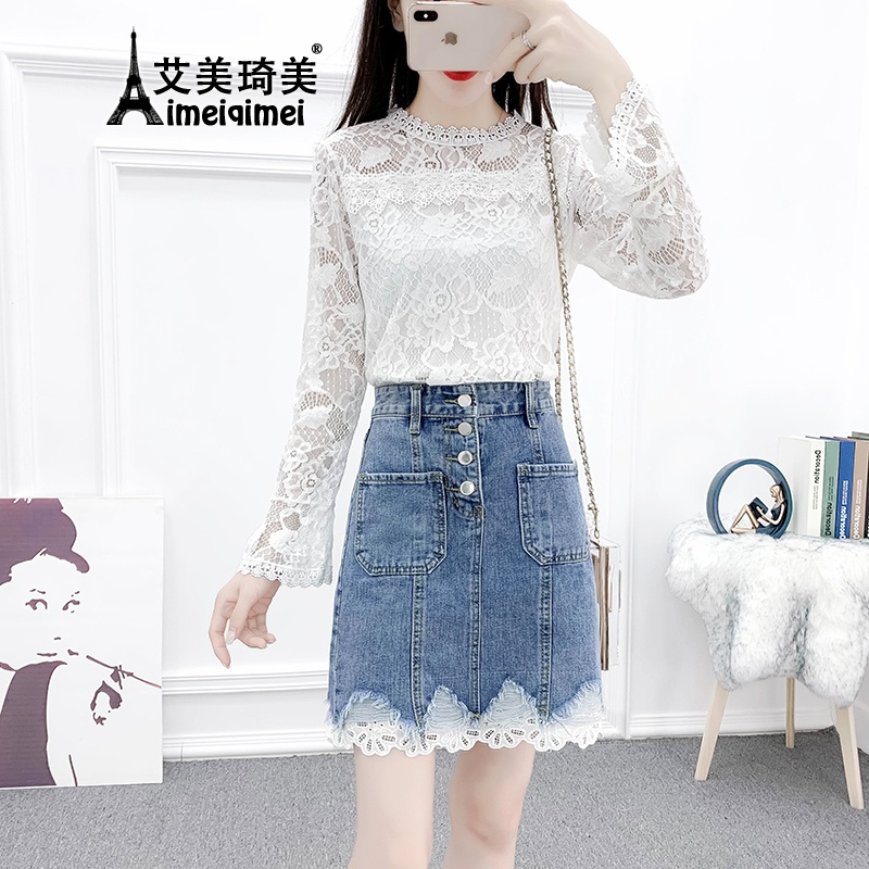 Amy Qimei small dress Xianqi spring and summer 2022 new lace top women's half length denim skirt Korean fashion temperament slim two-piece suit women