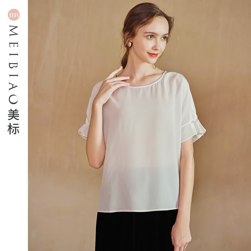 [same model in shopping mall] American Standard new spring and summer 100% mulberry silk top, commuter short sleeve versatile shirt, silk fashion women's clothing autumn