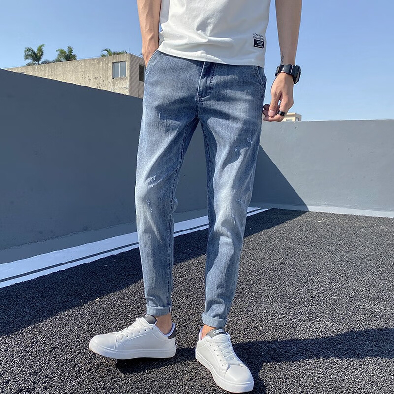 Lee Cooper high-end jeans men's spring and summer new pants men's fashion brand slim fit small feet Korean fashion casual nine hole pants men's pants