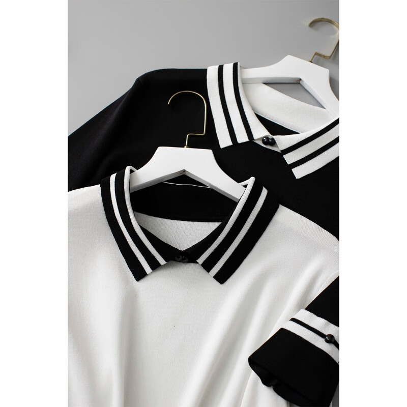 Icain high-end brand ice silk T-shirt women's 2022 summer new polo collar parallel bars stripe medium sleeve top women's versatile loose temperament short sleeve women's new C9
