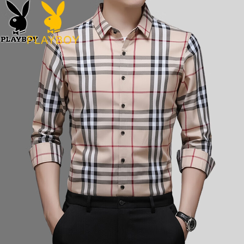 Playboy Playboy shirt men's Long Sleeve Plaid spring and autumn style middle-aged men's business leisure high-end shirt non iron and wrinkle resistant