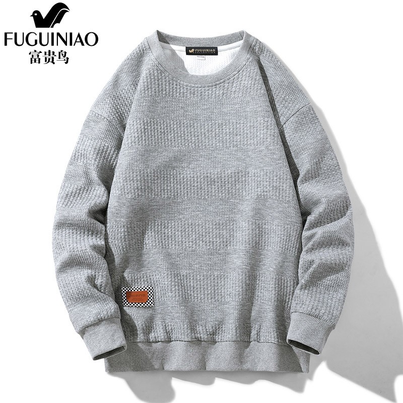 Fuguiniao sweater men's 2022 spring and Autumn New Korean version versatile long sleeved round neck t-shirt men's sweater corrugated loose elastic comfortable bottomed shirt