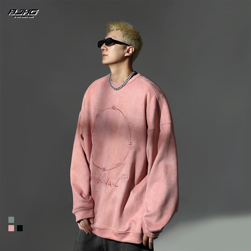 Bjhg reckless spring heavy suede thorn ring embroidered round neck sweater men's fashion loose couple top