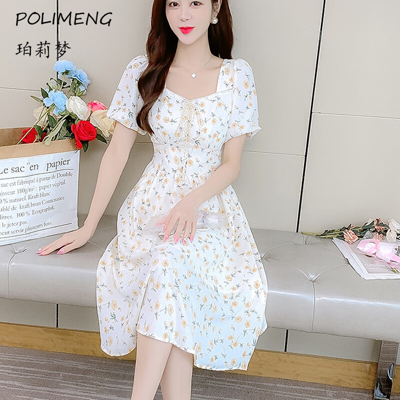 Polly dream chiffon dress women's 2022 summer new French temperament square neck fairy bubble sleeve waist closing, slim, age reducing, fashionable, versatile, elegant, small and fresh women's broken flower skirt