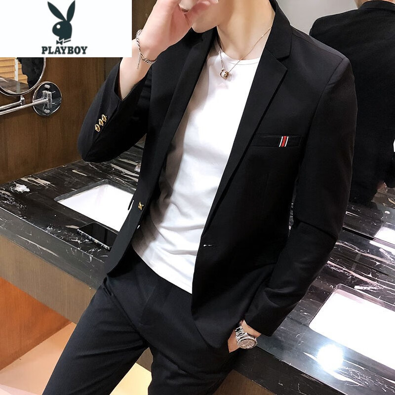 Playboy men's spring and summer suit set men's coat thin Korean version trend simple business casual suit two piece set