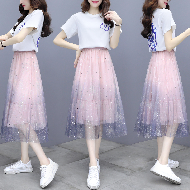 [selected goods] elycra dress women's suit summer 2022 new Korean version small fresh short sleeve cotton printed T medium and long gradient mesh skirt