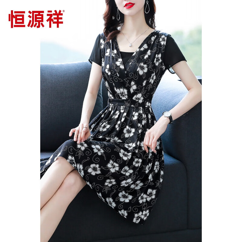 Hengyuanxiang women's clothing brand retro fashion Chiffon floral skirt women's 2022 summer dress short sleeve V-neck close waist thin temperament Printed Dress Fashion temperament