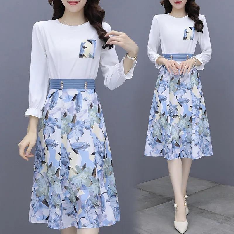 Chiffon shirt + Floral Chiffon new dress women's two-piece suit skirt spring and summer 2022 slim printed skirt women