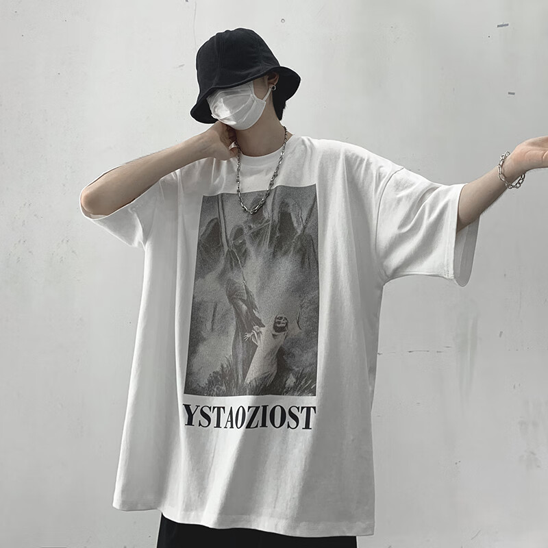 [heavyweight T-shirt] national fashion men's clothes in summer men's short sleeved European and American high street dark wind ghost printing fashion brand pure cotton casual versatile round neck half sleeve T-shirt white small T-shirt