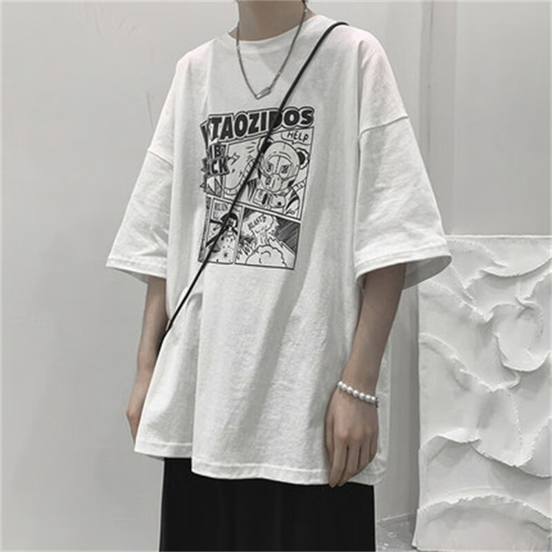 Boonep short sleeved t-shirt men's new cartoon printed cotton T-shirt in summer tide Brand Hong Kong Style Round Neck five point sleeve top lazy style student off shoulder sleeve trend versatile loose half sleeve