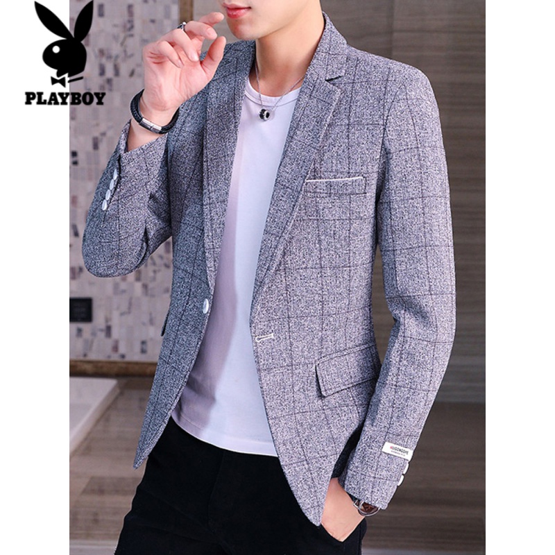Playboy brand high-end men's suit men's spring and autumn Plaid men's slim suit leisure 2022 linen one-piece coat men's coat