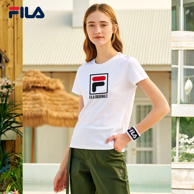 FILA FILA official women's short sleeved T-shirt women's summer sports leisure letter logo slim round neck Pullover women's knitted clothes