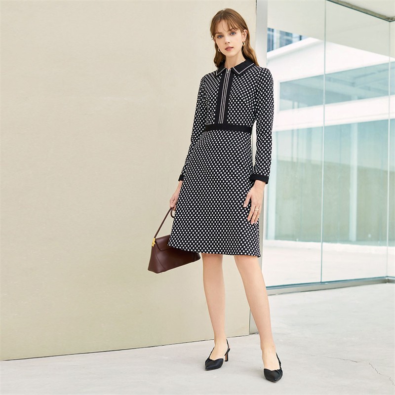 Yanyu Lapel long sleeve floral dress women's 2022 new spring fashion waist closing temperament wave dot print skirt