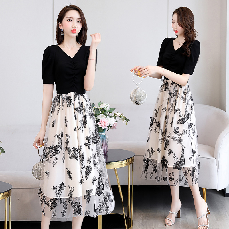 Icain high-end brand chiffon dress women's 2022 summer new elegant fashion short sleeve splicing mesh skirt medium long temperament floral skirt women's new D20