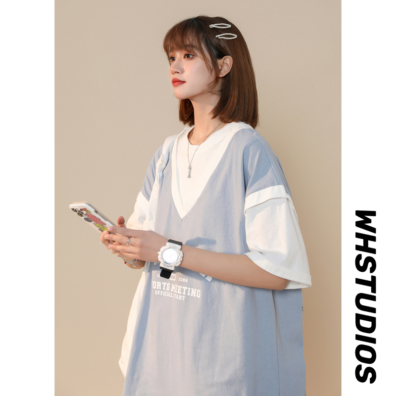 QGF fake two-piece short sleeve t-shirt female student chic Hong Kong American loose and versatile fashion brand design oversize summer half sleeve top