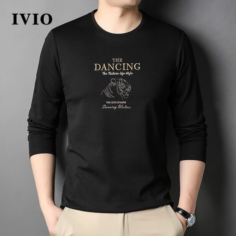 Ivio designer high-end brand long sleeve t-shirt men's spring new embroidery fashion casual bottoming clothes round neck t-shirt men's fashion