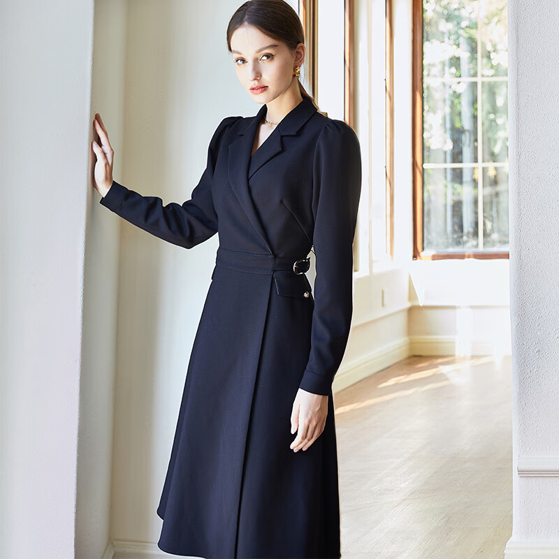 Roeyshouse Luoyi temperament bubble sleeve stitched dress autumn winter new intellectual black suit medium skirt 05439