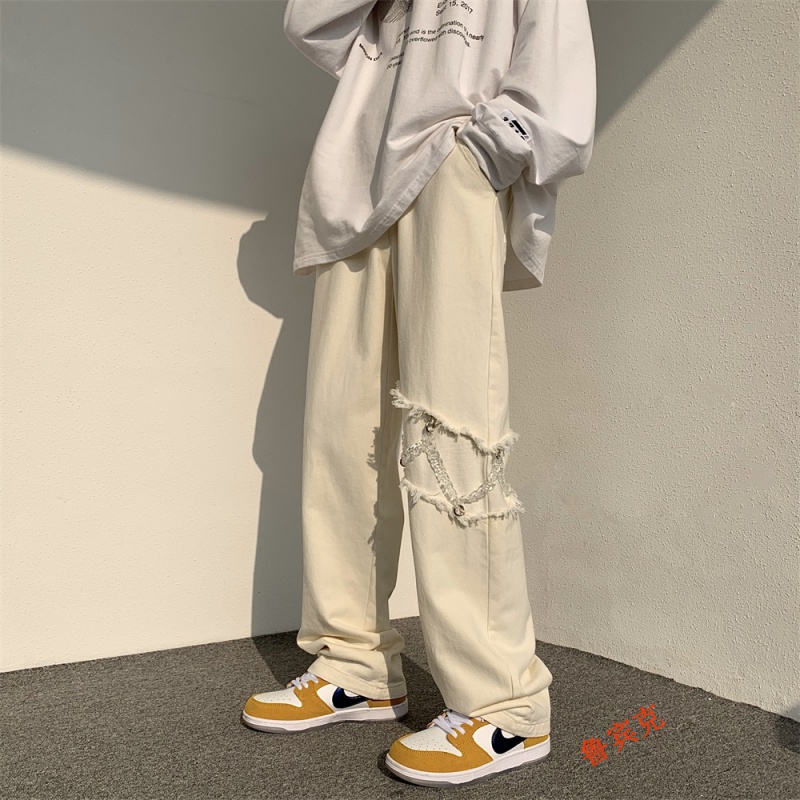 Rubink American hiphop pants high street ins fashion spring new loose straight jeans men's sense of design niche American vibe wide leg floor pants