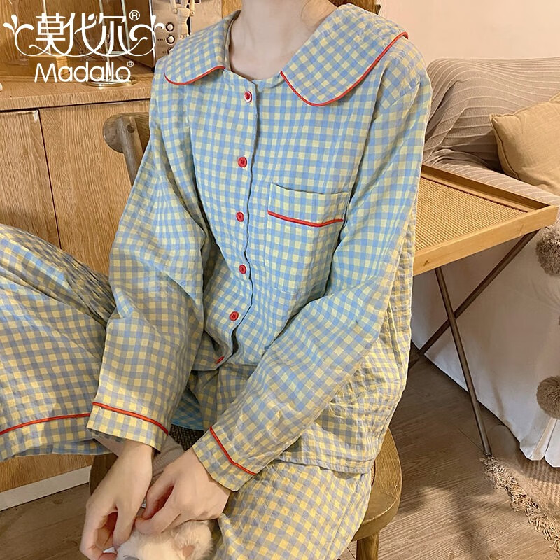 Modal pajamas female spring and autumn can wear Korean style vitality lovely yellow blue small lattice home clothes loose Korean version long sleeved long pants suit fresh and sweet princess style