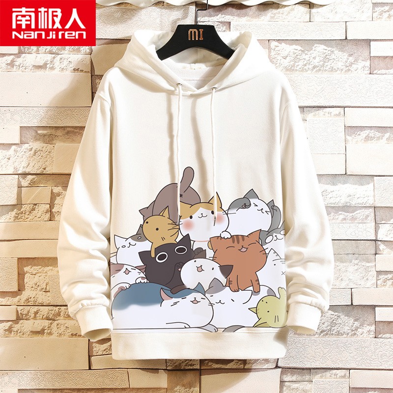 Antarctica men's spring and autumn trend loose Hoodie men's large sports Hoodie loose thin coat cartoon kitten print student couple youth jacket