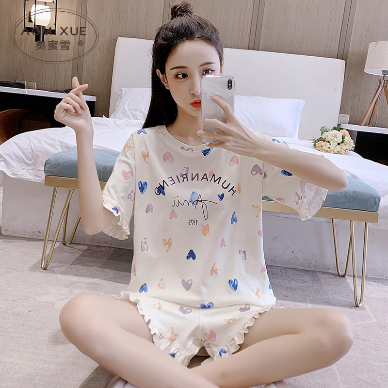 Aomi snow lovely pajamas women summer pure cotton small fresh thin short sleeved Shorts Set summer loose cotton home clothes