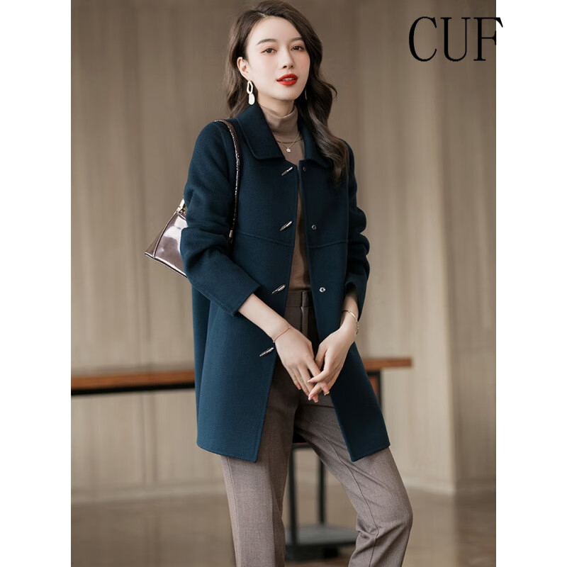 CUF Hong Kong fashion brand double-sided cashmere coat medium and long style autumn 2021 new ox horn button wool fashionable Korean slim fit coat