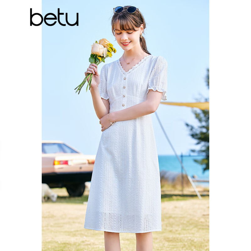 Betu Baitu women's clothes 2022 summer new French temperament short sleeved skirt pure cotton summer V-neck lace age reducing dress women 2203t77