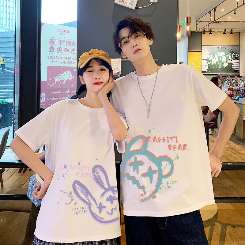 Oumaizhuo couple clothes summer season 2022 new trend short sleeved net red ins suit one man and one woman loose pure cotton T-shirt student top