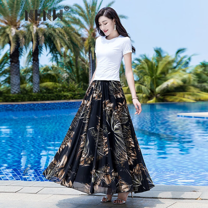 Nenw 2022 summer new Floral Chiffon Skirt, national style long skirt, high waist, big swing beach skirt, fairy skirt