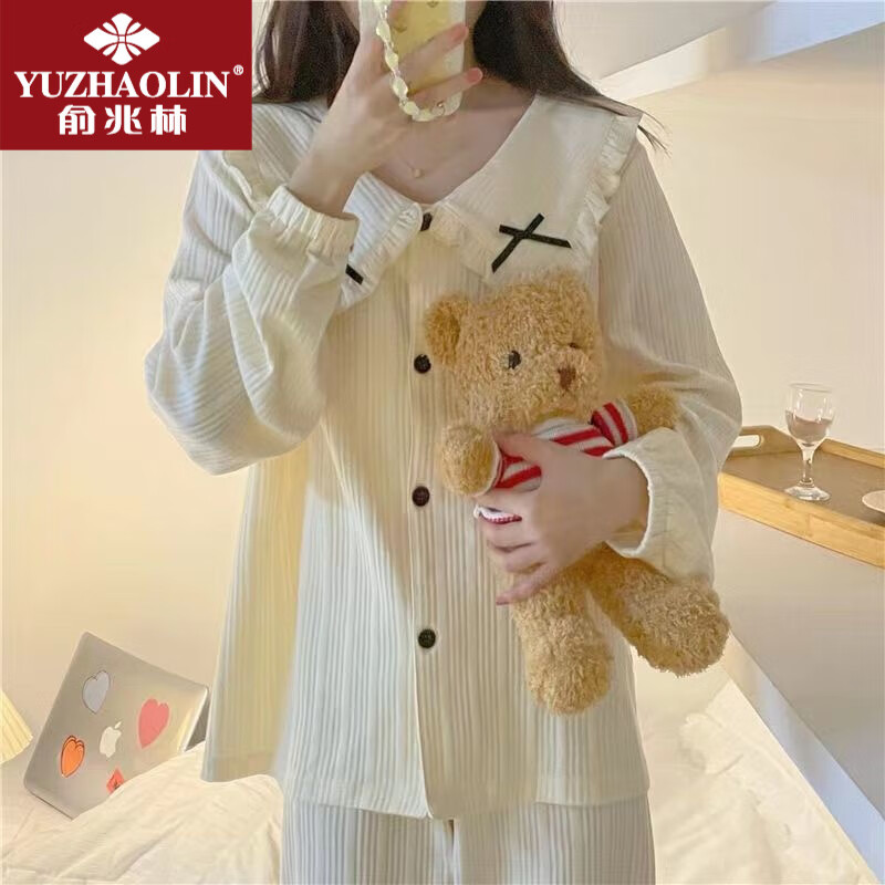 Yu Zhaolin brand new ins net red pajamas women's spring and autumn sweet and lovely doll collar bow long sleeve home clothes set